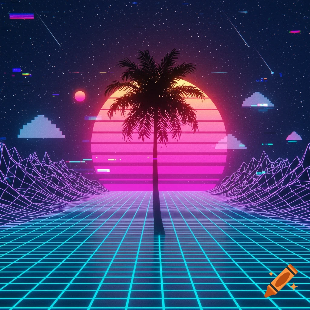 A retro vaporwave landscape with a silhouette palm tree against a vibrant pink and orange sunset, wireframe grid ground, and pixelated clouds.