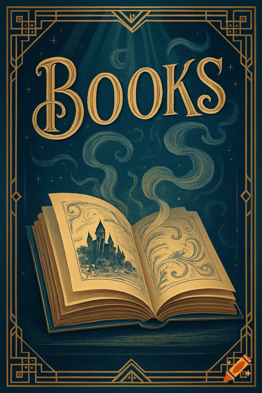 Stylized dark blue and gold poster with the word BOOKS, an open book with a fantasy castle illustration and swirling mist.
