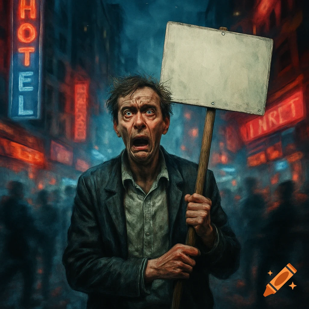 A man with a horrified expression holds a blank sign on a stick in a dark, neon-lit urban street, with blurred figures in the background. Stylized painting.
