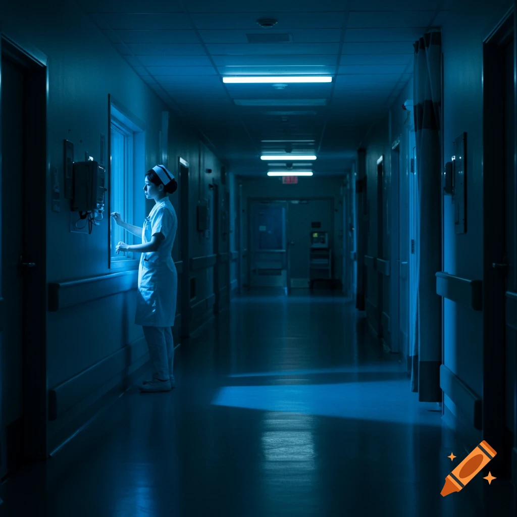 A nurse stands in a dimly lit, blue-toned hospital hallway, looking out a window.