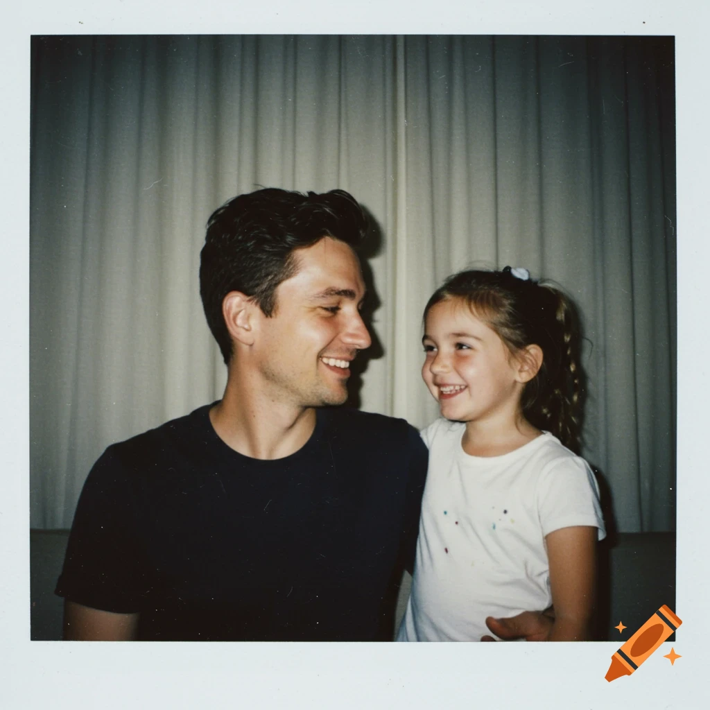 Polaroid photo of a man and a young girl lovingly smiling, with a curtain background, flash lighting, and slightly blurry.
