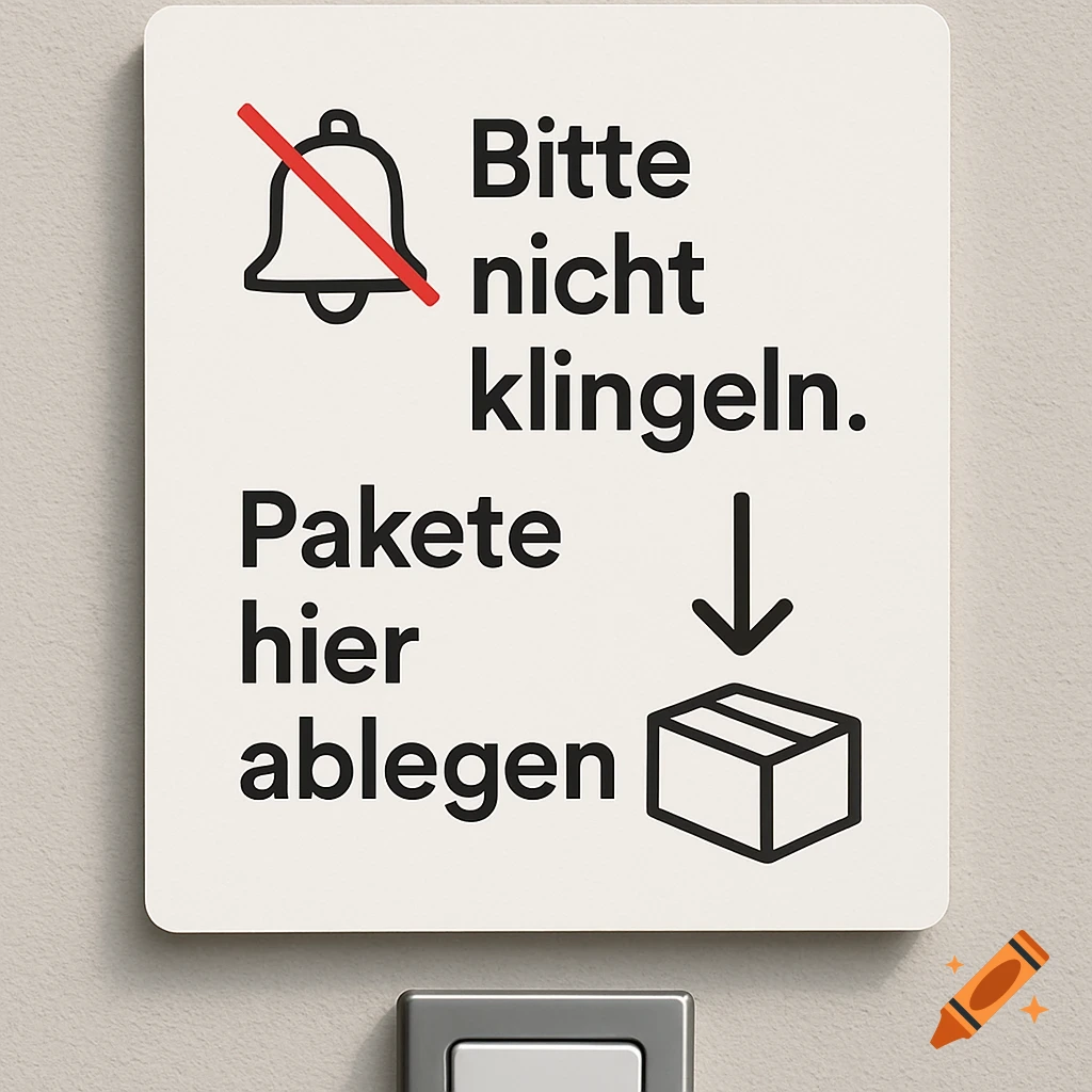 A white rectangular sign with rounded corners hangs on a beige wall. It has black German text: "Bitte nicht klingeln. Pakete hier ablegen." with a crossed-out bell icon and an arrow pointing to a box.