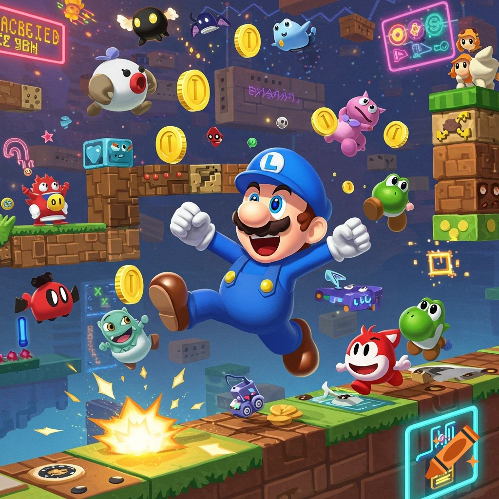 A blue-clad Mario-like character jumps in a vibrant, cartoonish video game world with floating blocks, coins, and various whimsical creatures like Yoshis and Goombas.
