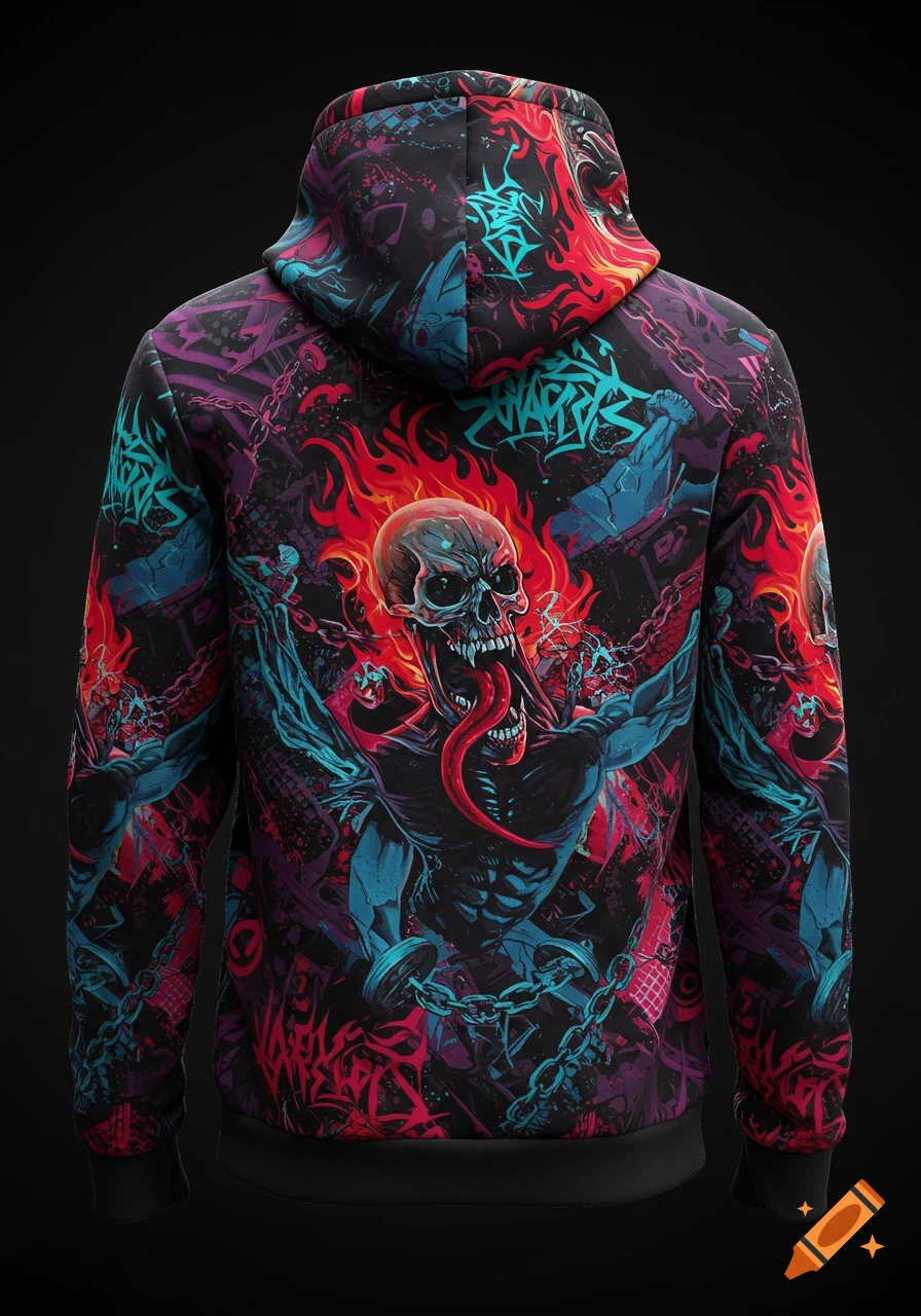 The back of a black hoodie features an edgy graphic with a flaming skull, stylized muscular figures, chains, and graffiti text.