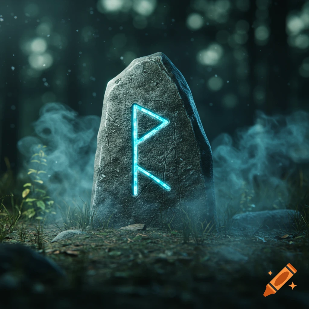 A glowing blue rune symbol carved into a rough stone monolith in a dark, misty forest.
