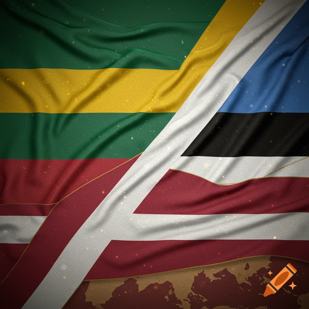 Wavy flags of Lithuania, Estonia, and Latvia diagonally overlap, with a world map texture visible underneath and subtle light particles.