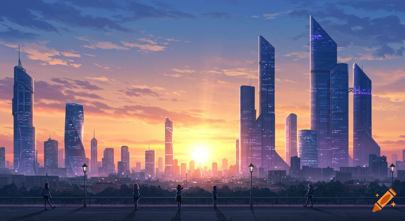Anime-style futuristic cityscape at sunset, with numerous towering skyscrapers and small figures on a promenade.