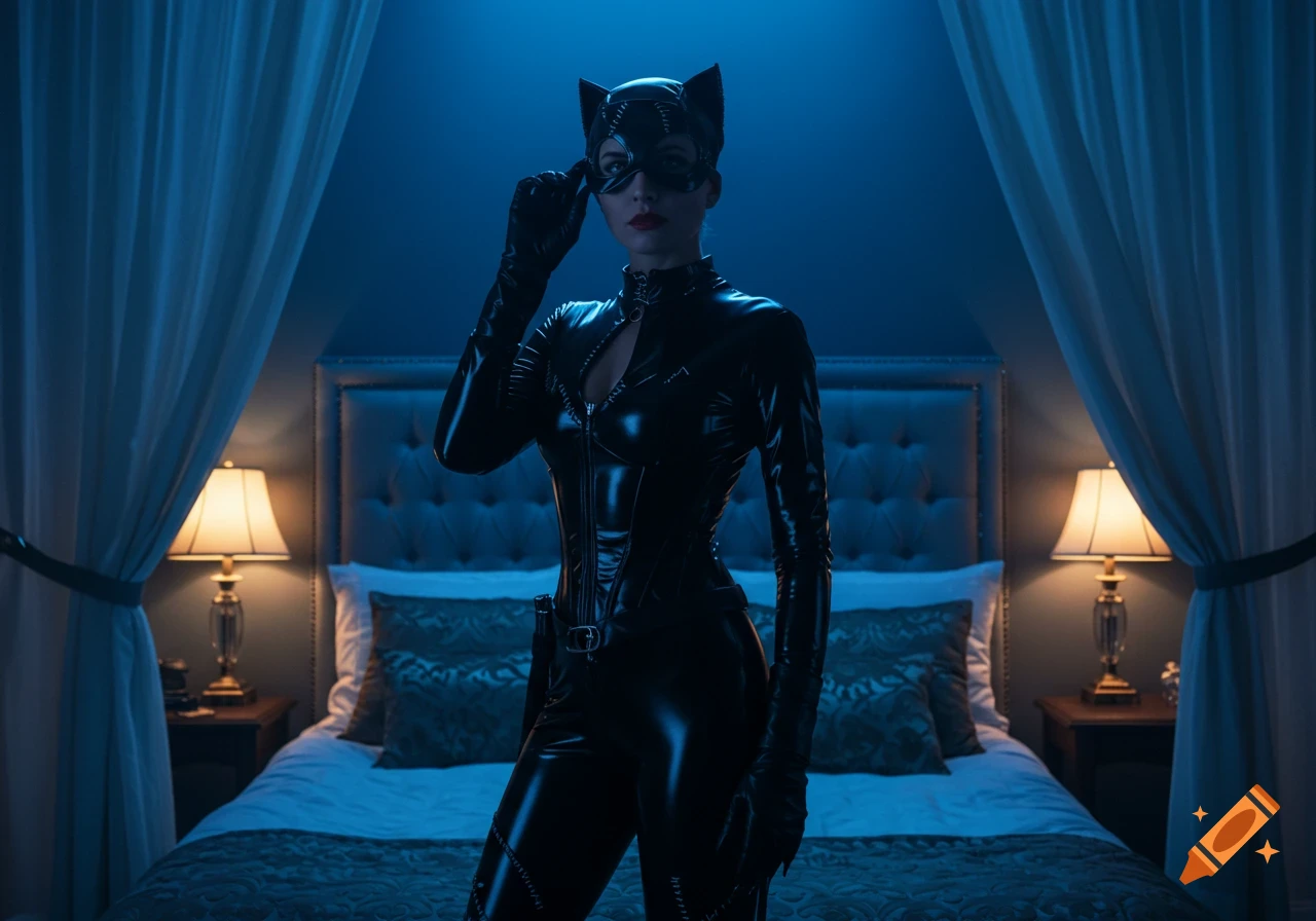 Photorealistic woman in black Catwoman costume and mask adjusts her eye mask, standing in a dimly lit bedroom.