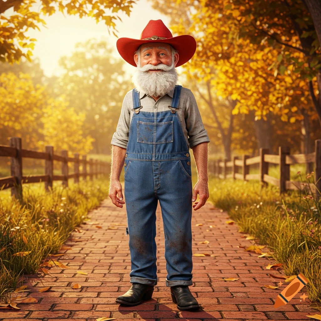 A photorealistic image of an old farmer man with a white beard, red cowboy hat, and blue overalls, standing on a brick path surrounded by autumn trees.