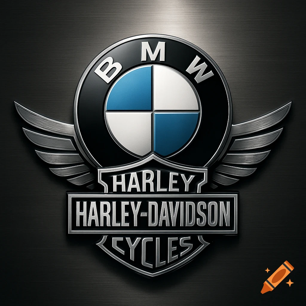 Metallic fusion logo of BMW and Harley-Davidson with wings on a dark brushed metal background.