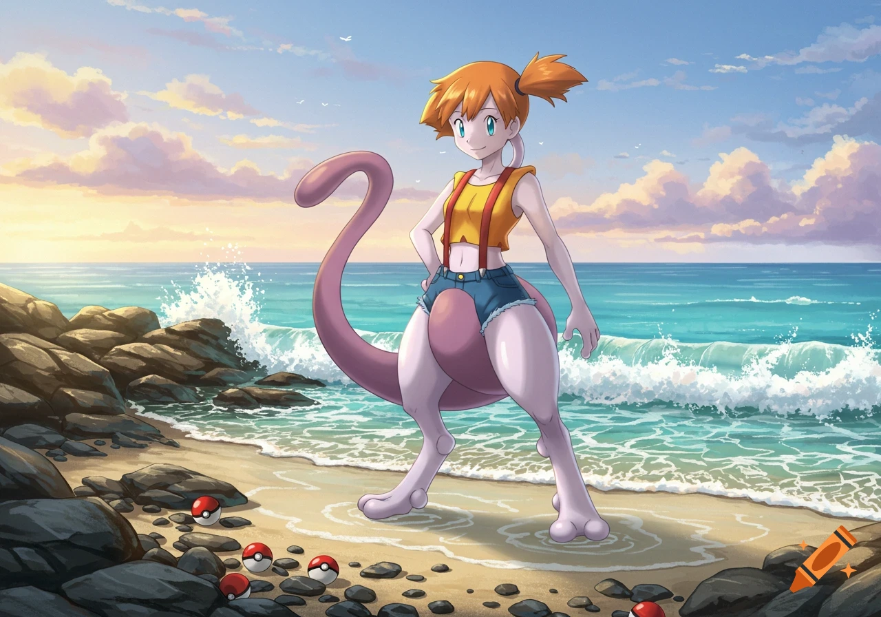 Misty from Pokemon with Mewtwo's body stands on a sunny beach at sunset, anime style.