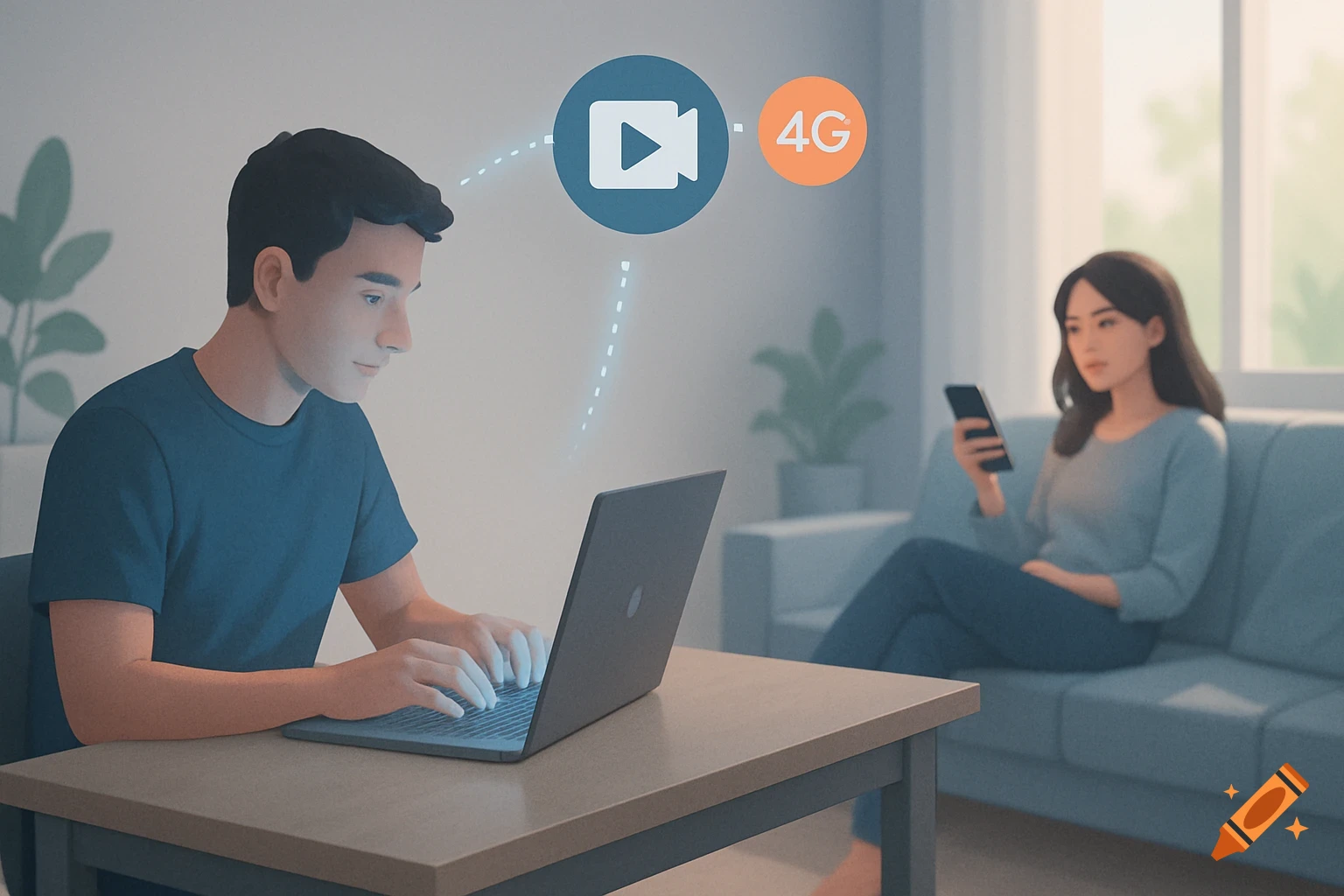 Digital illustration of a man on a laptop and a woman on a 4G phone, connected by a video icon.