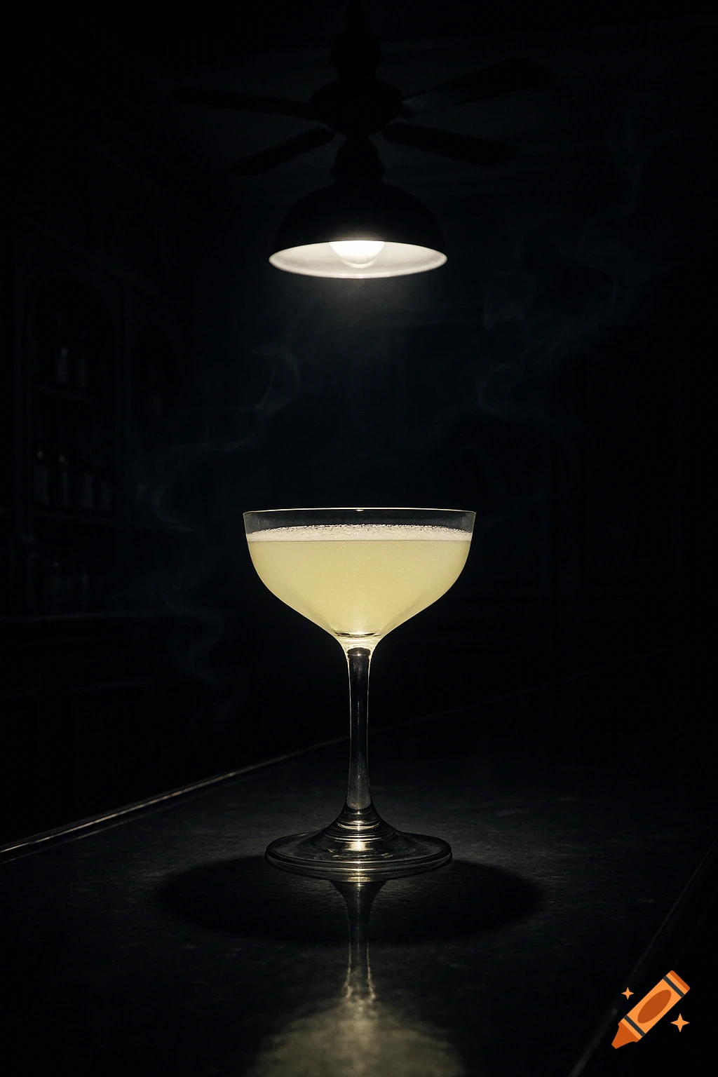 A pale yellow cocktail in a coupe glass on a dark bar, dramatically lit by an overhead lamp in a noir style.