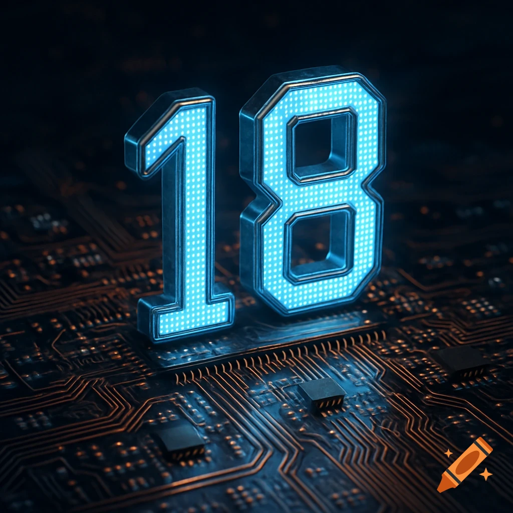 The number 18 rendered as glowing blue LED digits on a dark, intricate circuit board with golden traces.