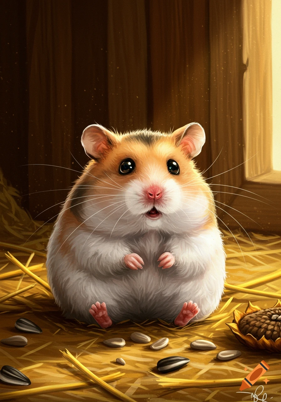 A fluffy, cute hamster with large dark eyes sits on hay next to scattered sunflower seeds, bathed in warm golden light.