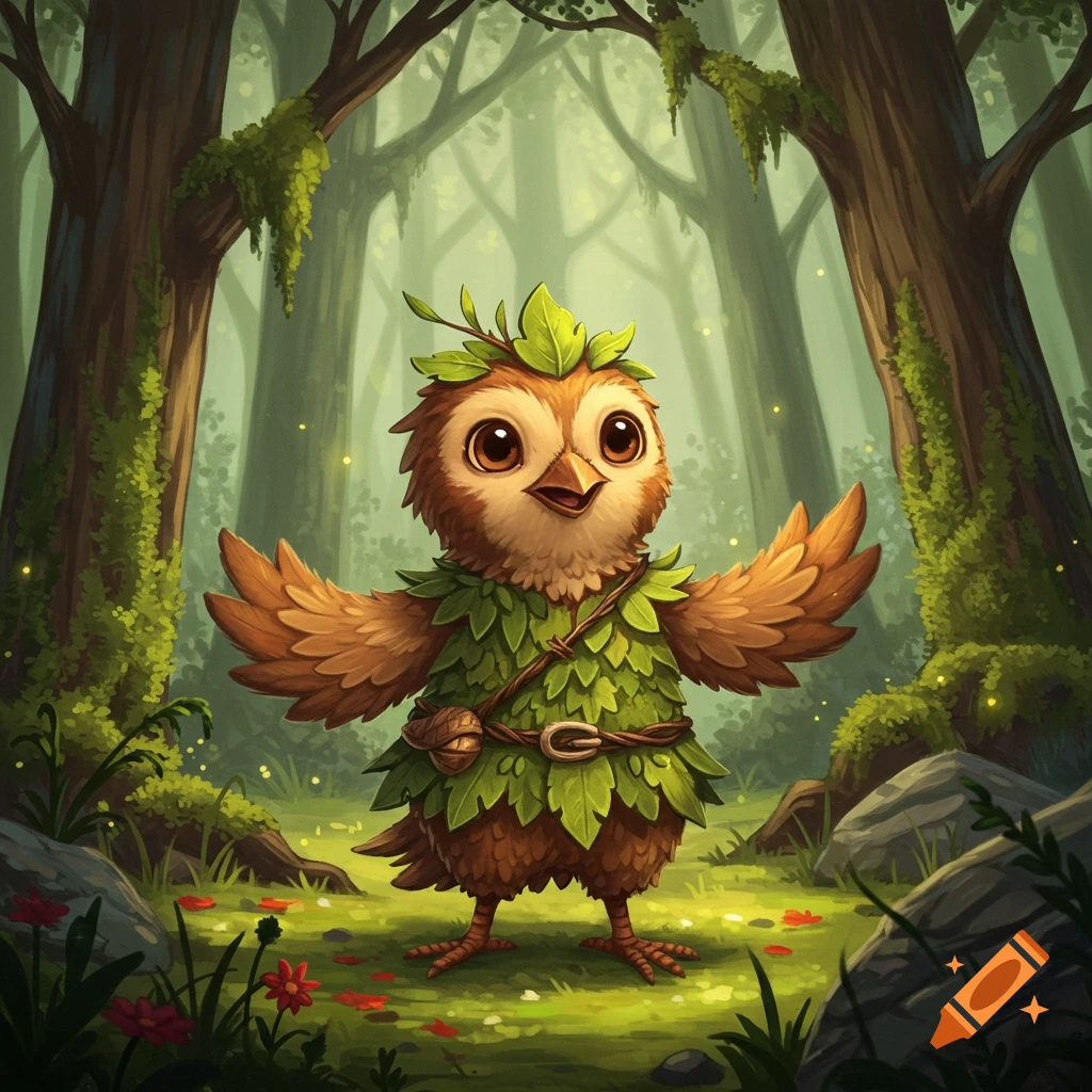 A cute, cartoonish owl creature wearing a leaf tunic and headpiece stands with outstretched arms in a vibrant, mystical forest.
