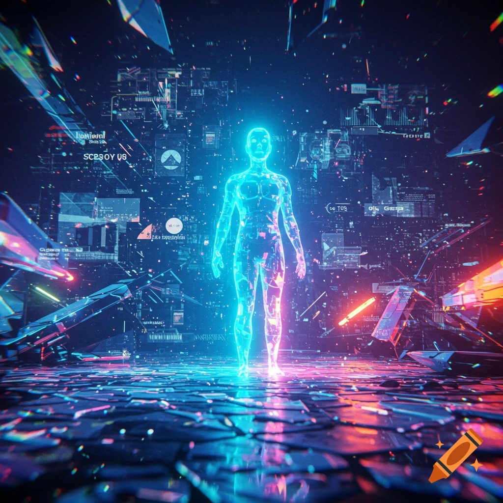 A vibrant, abstract cyberpunk scene featuring a glowing neon humanoid AI amidst holographic data and geometric shapes.