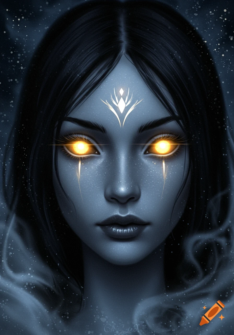 Digital painting of a mysterious woman with glowing yellow eyes and a white forehead symbol against a dark, starry sky.