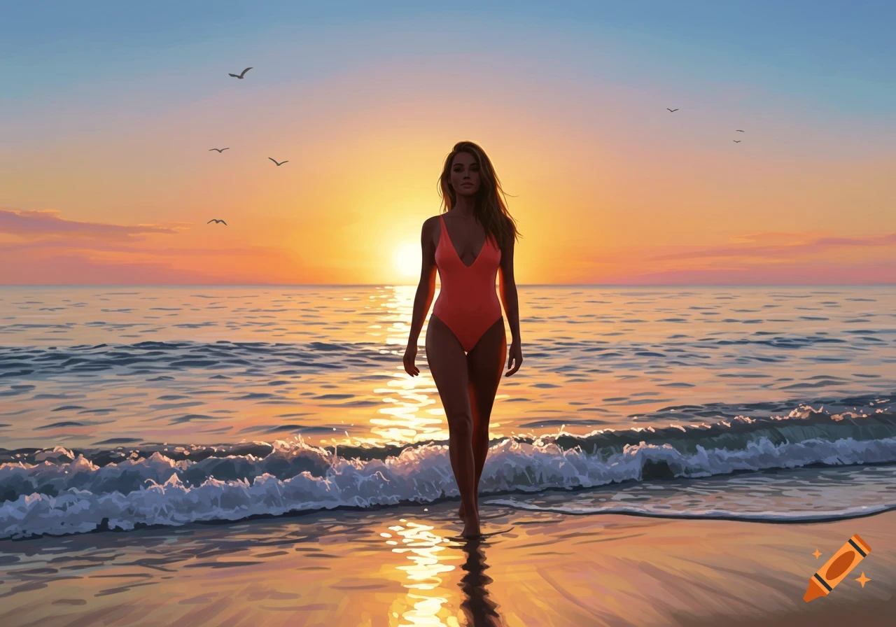 A woman in a red swimsuit walks along a beach at sunset, with waves gently lapping the shore.