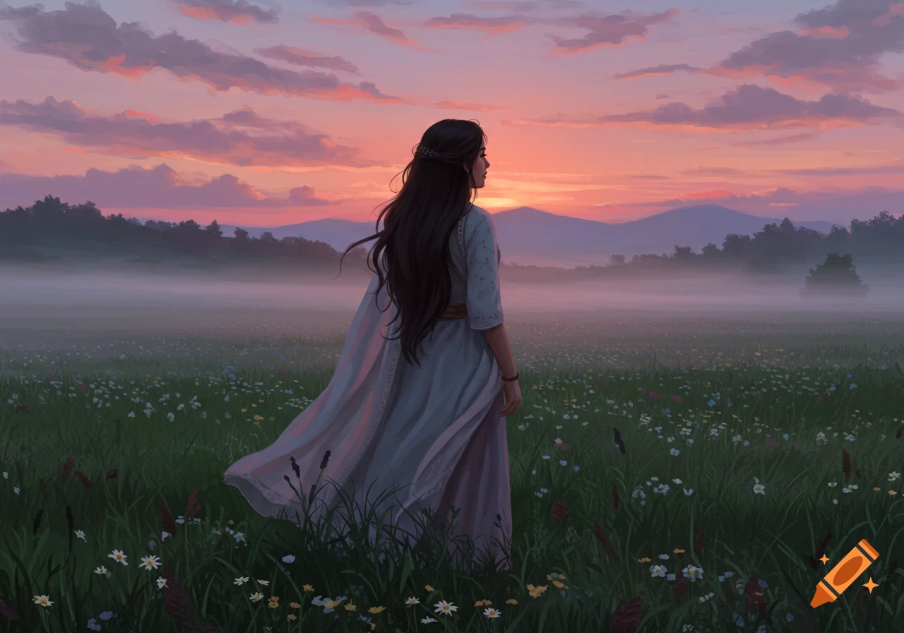 A woman with long dark hair stands in a field of wildflowers, looking at a foggy sunset over mountains. Digital painting.
