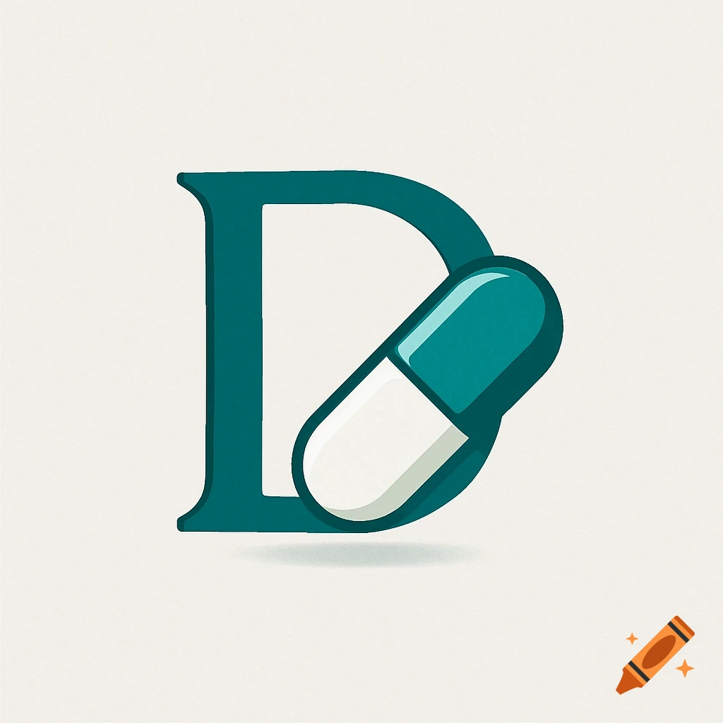 A stylized teal letter D with a white and teal pill leaning against it, on a light background.