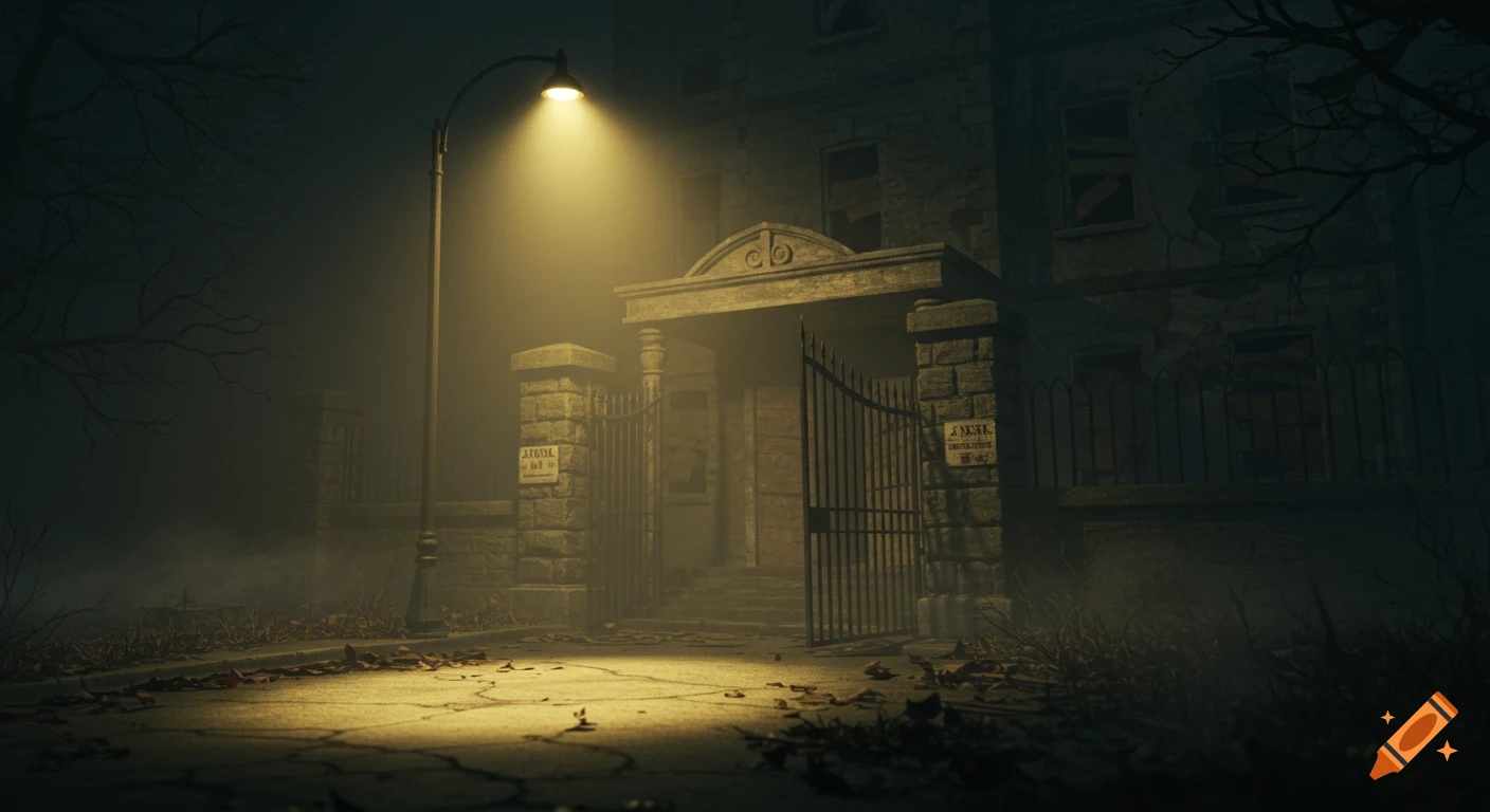 An abandoned, ominous hotel entrance at night, illuminated by a flickering streetlamp through thick mist, with eerie shadows and bare trees.