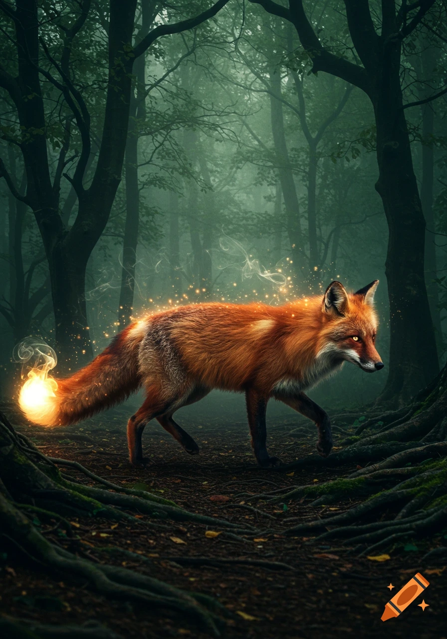 A mythical fox with glowing fur and a fiery tail walks through a dark, foggy forest.
