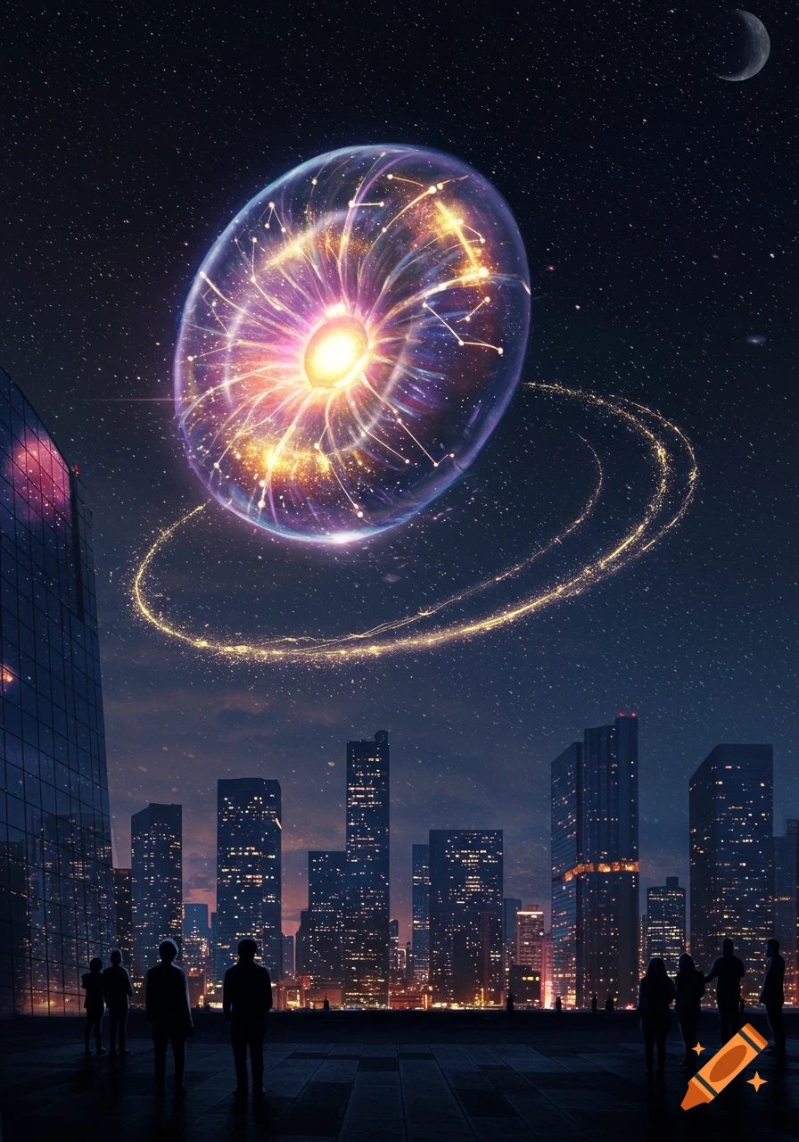 A glowing, elliptical alien spaceship hovers over a futuristic city skyline at night as people watch from a rooftop.