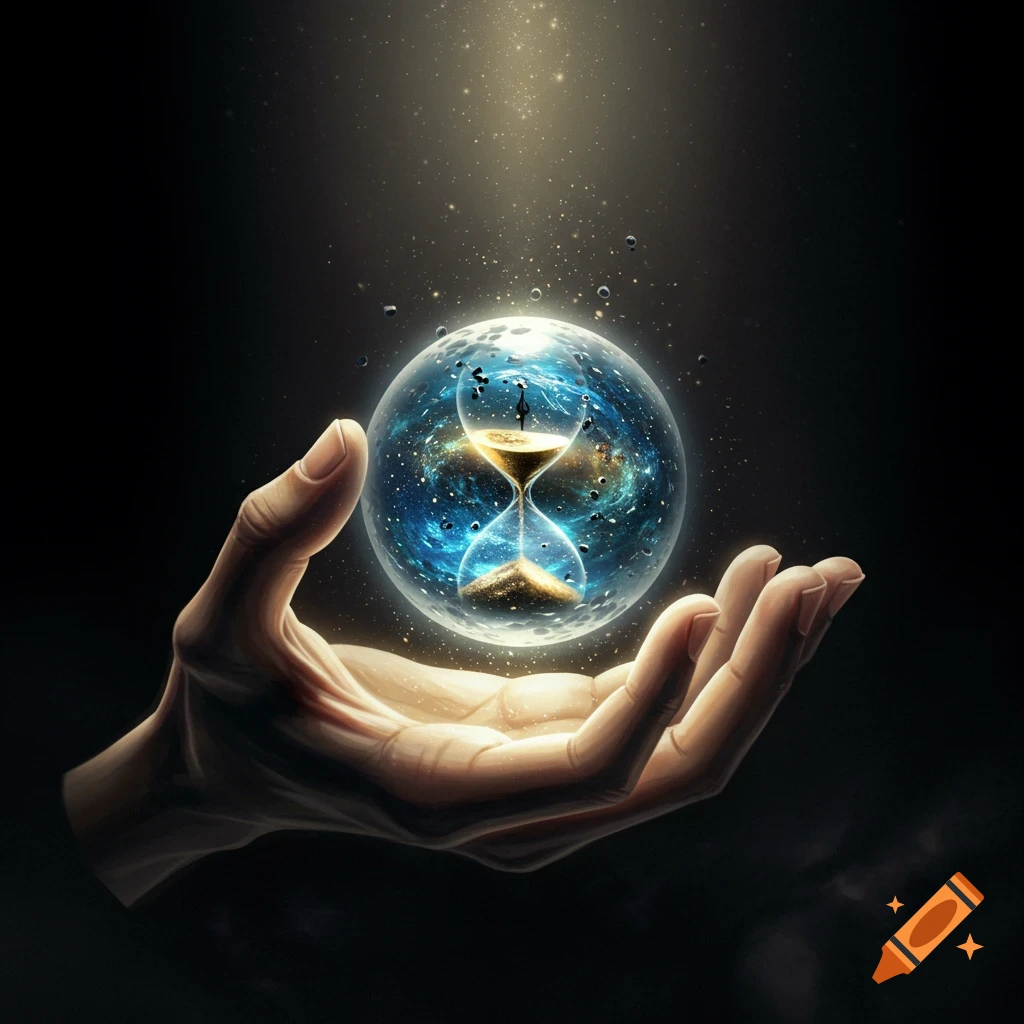 A human hand holds a glowing cosmic orb containing an hourglass, against a dark starry background.