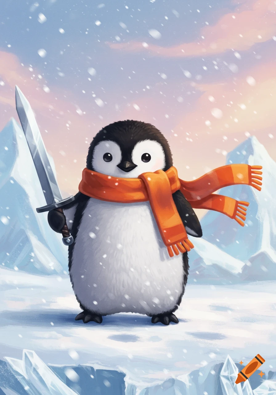 A cute cartoon penguin wearing an orange scarf holds a sword, standing in a snowy, icy landscape with falling snow.