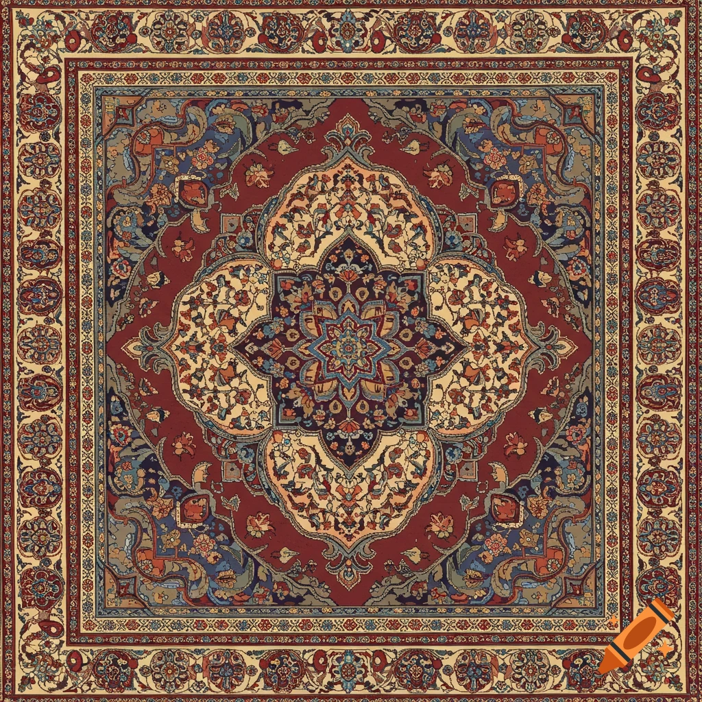 Top-down view of a richly patterned square Persian rug with a central medallion in red, blue, beige, and gold.