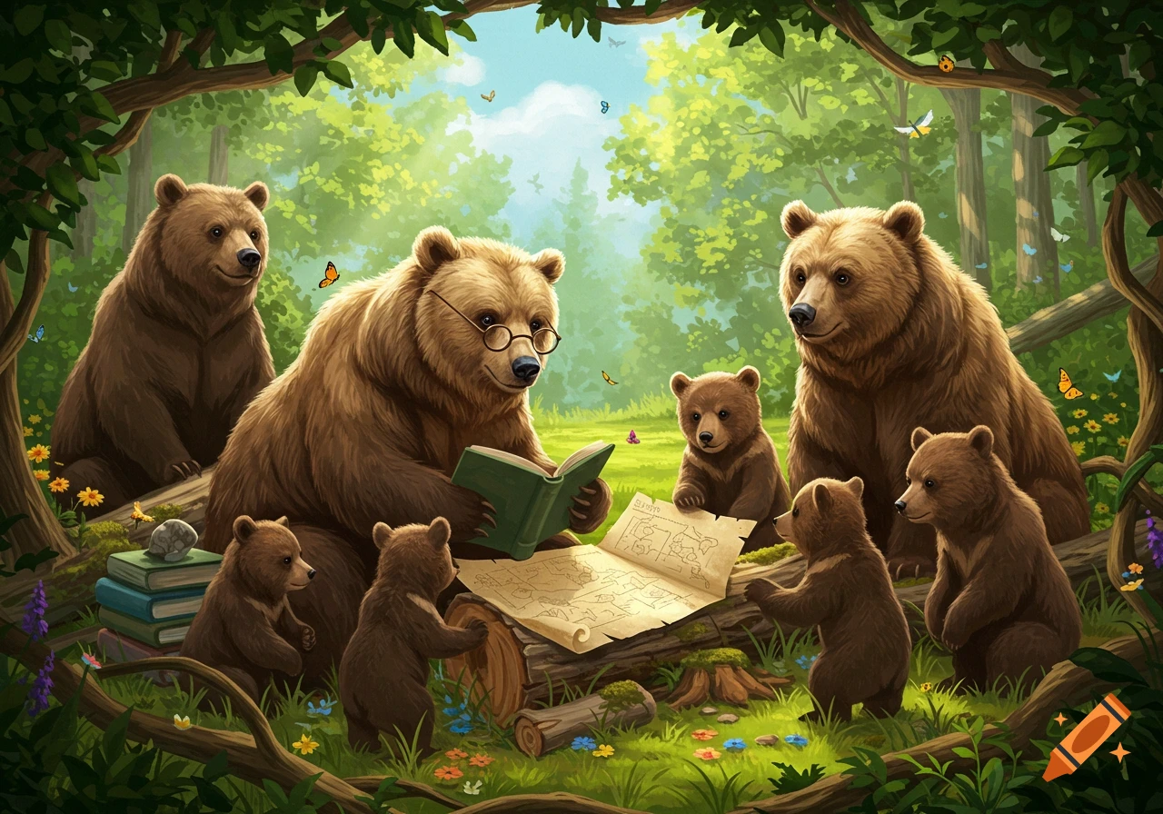 An illustration of a family of brown bears, with a bespectacled adult reading to cubs in a sunny forest.