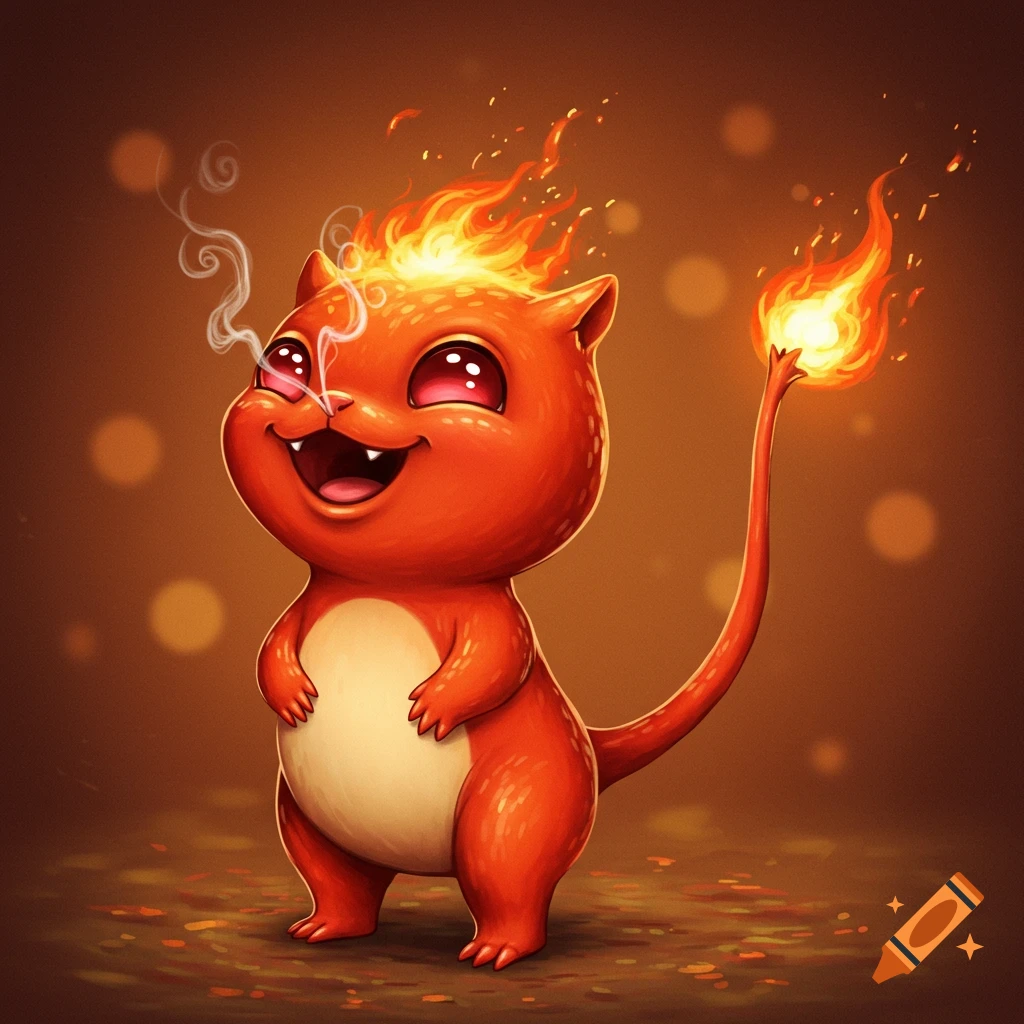 A cute, orange, cartoon lizard creature with big red eyes, flames on its head and tail, smiling, with smoke coming from its nostrils.