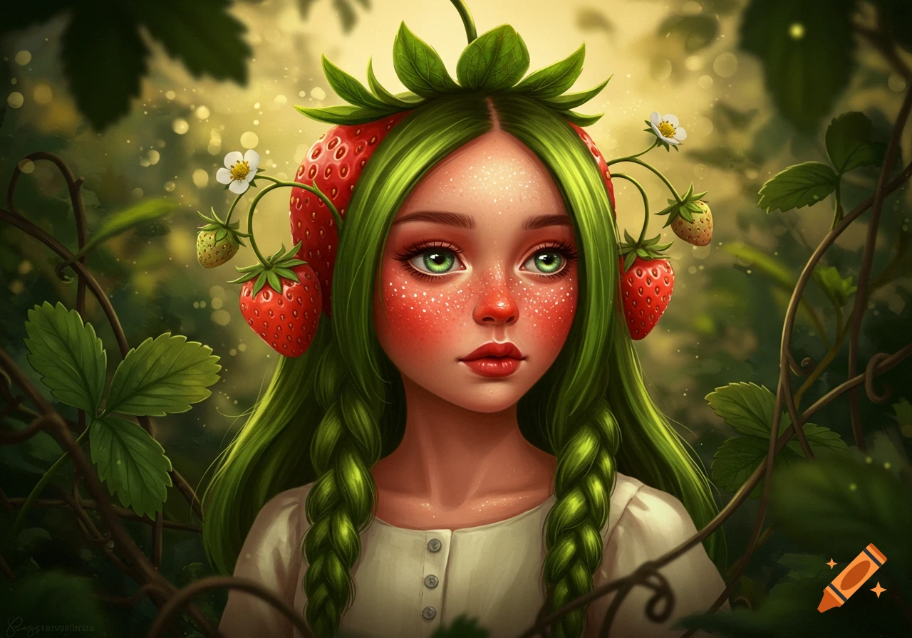 Digital art portrait of a stylized girl with green braided hair, strawberries on her head, and red freckles in a forest.