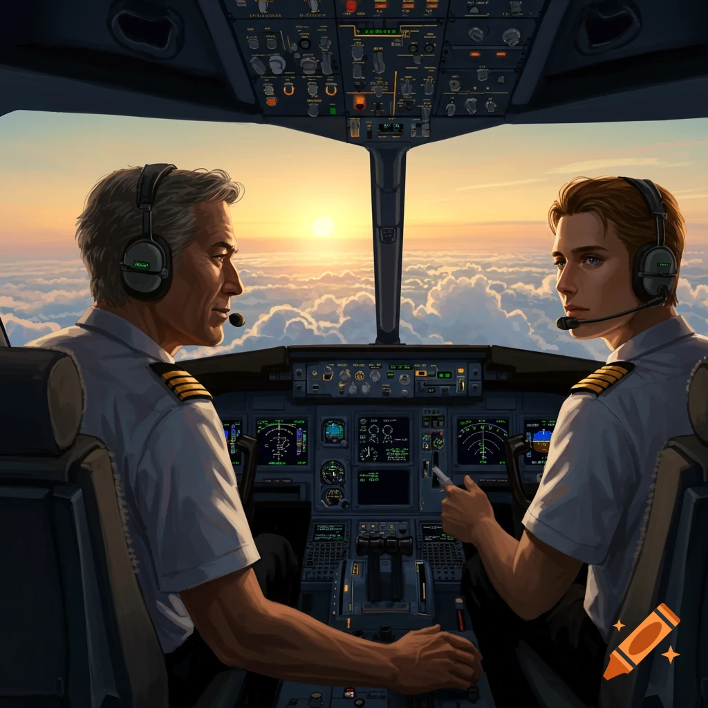 Two male pilots in an airplane cockpit at sunset above the clouds, depicted in a realistic digital painting.