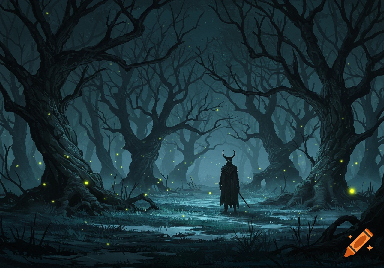 A horned figure in dark cloak stands in a misty, dark fantasy forest with twisted trees and glowing yellow lights.