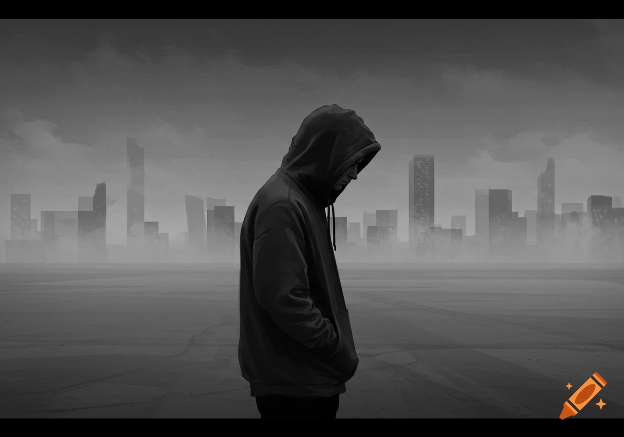 A person in a hoodie stands looking down in a desolate, foggy black and white city scene.