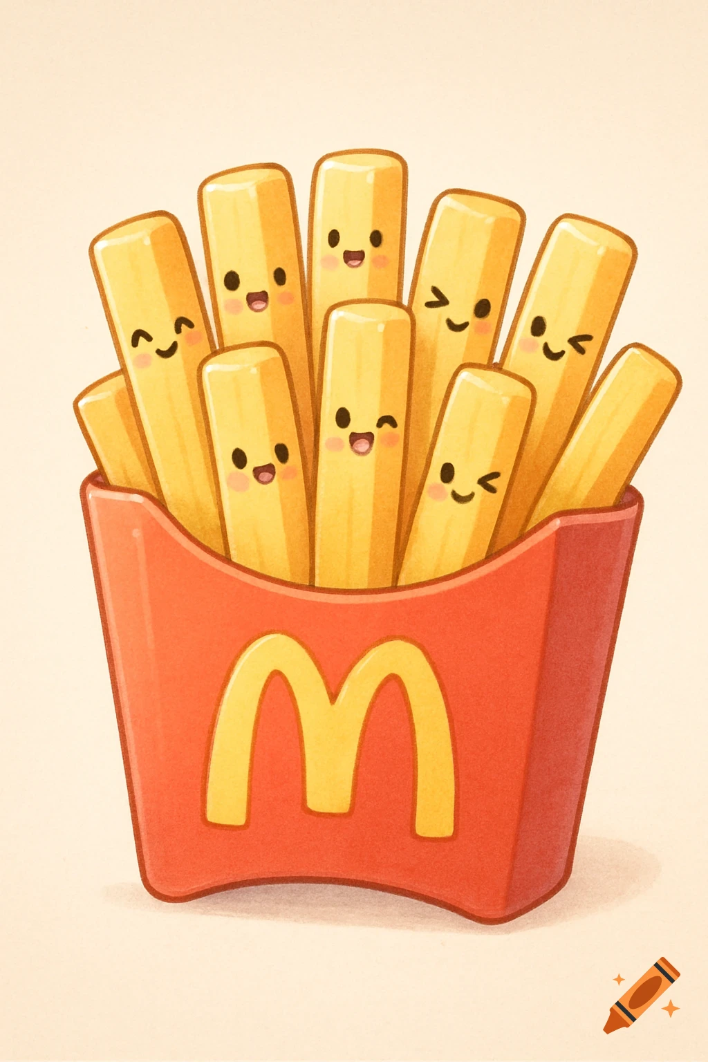 Cute cartoon French fries with smiling faces in a red packet with a yellow 'M' logo.