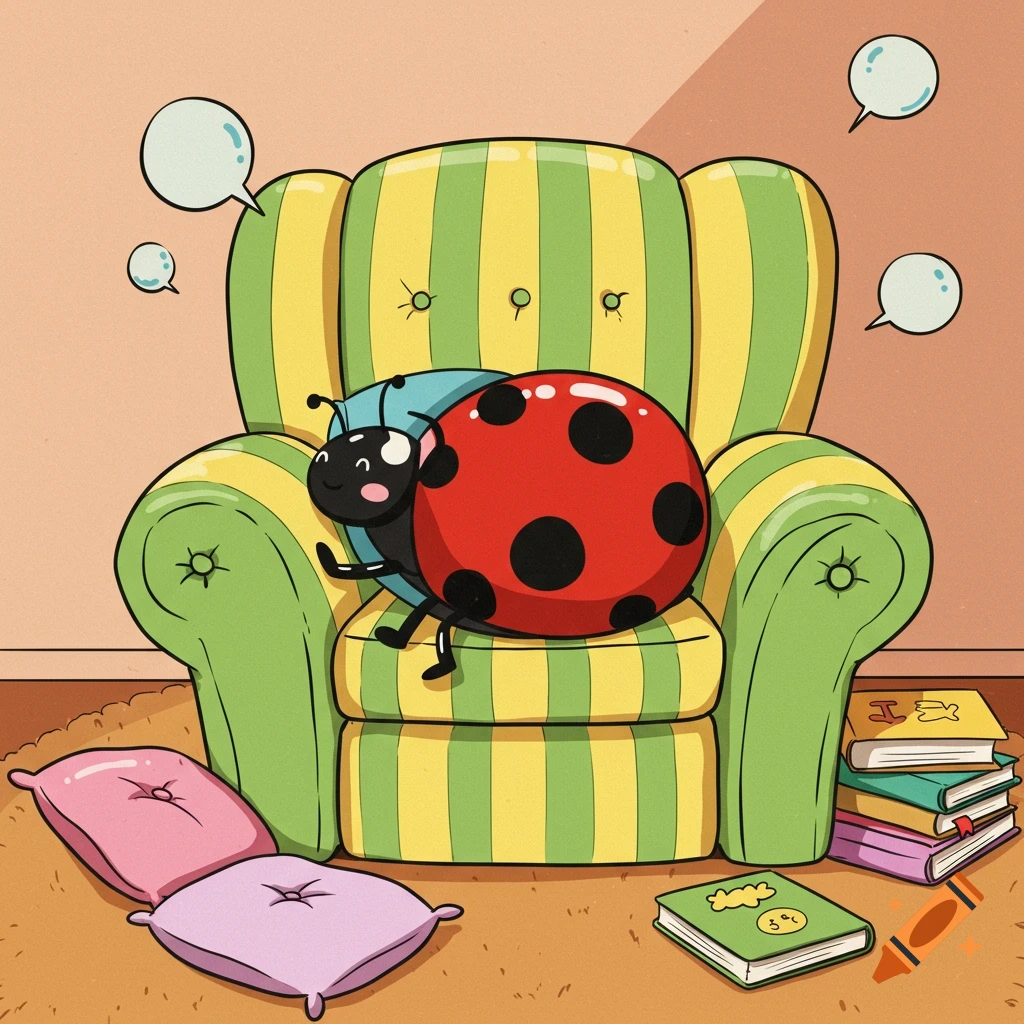 Happy cartoon ladybug resting on a green and yellow striped armchair with pillows and books in a cozy room, comic style.