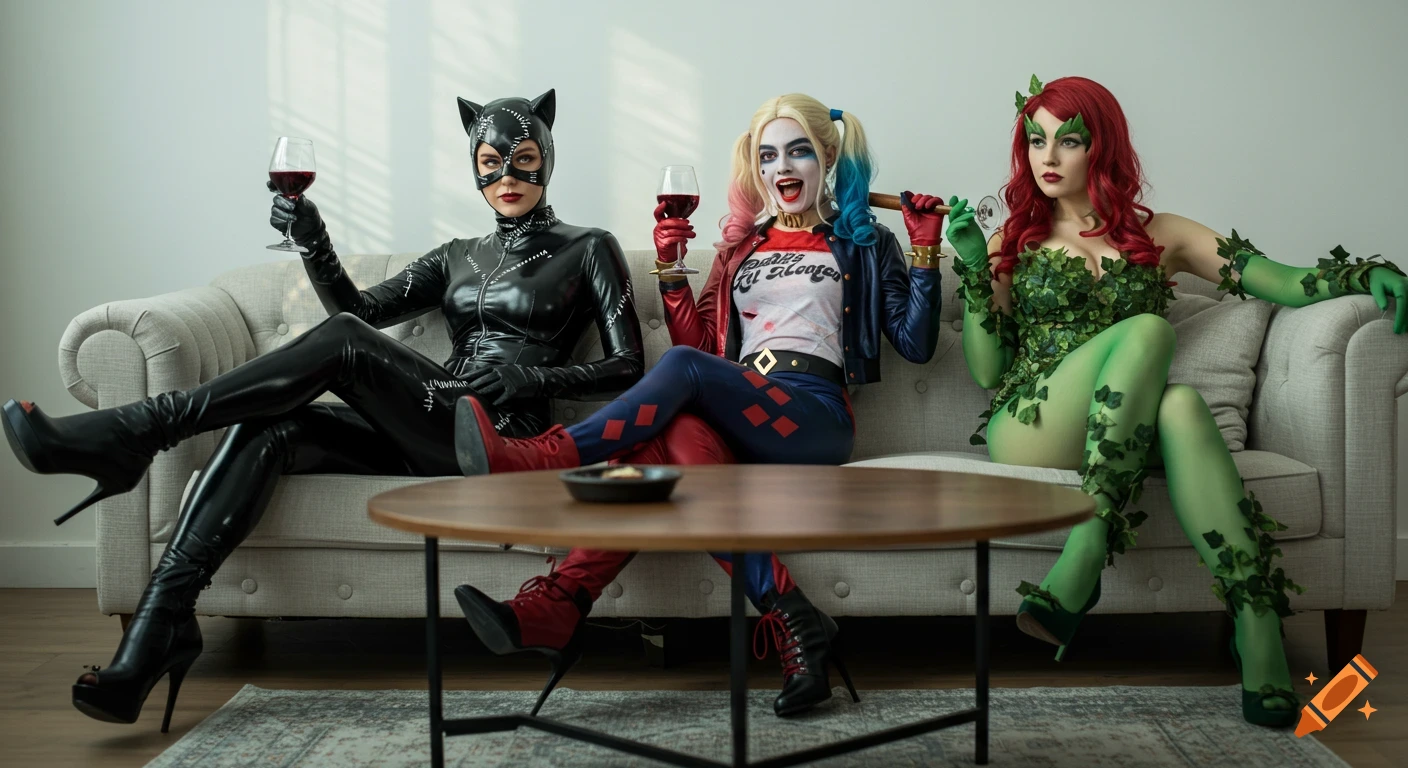 Three female cosplayers as Catwoman, Harley Quinn, and Poison Ivy sitting on a sofa, holding wine.
