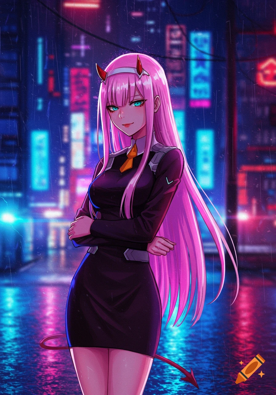 Anime character Zero Two with pink hair, red horns, and a devil tail, standing on a rainy neon-lit cyberpunk street.