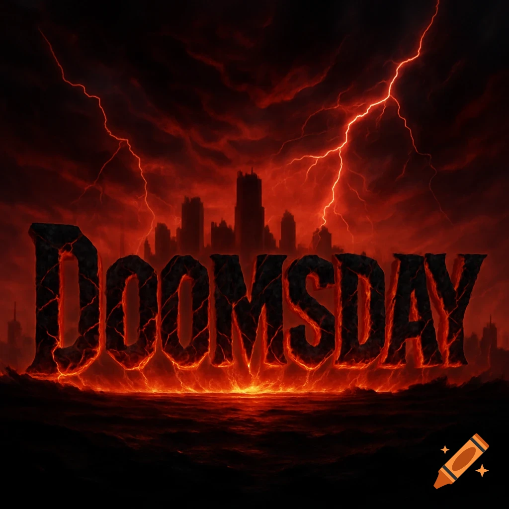 Fiery word 'DOOMSDAY' rises from molten ground with a dark city silhouette and red lightning in a stormy, apocalyptic sky.