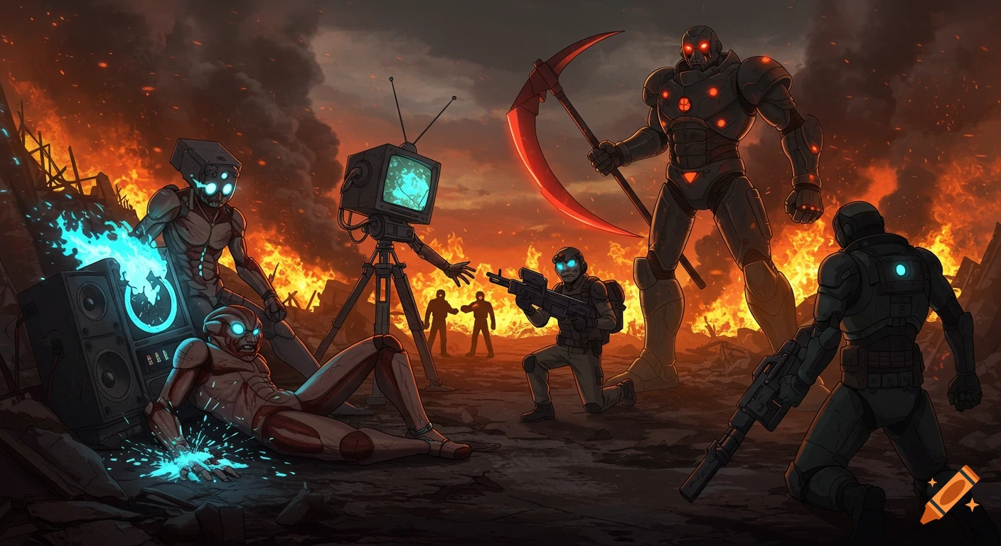 Dramatic anime-style illustration of robots and armored figures battling in a burning post-apocalyptic city.