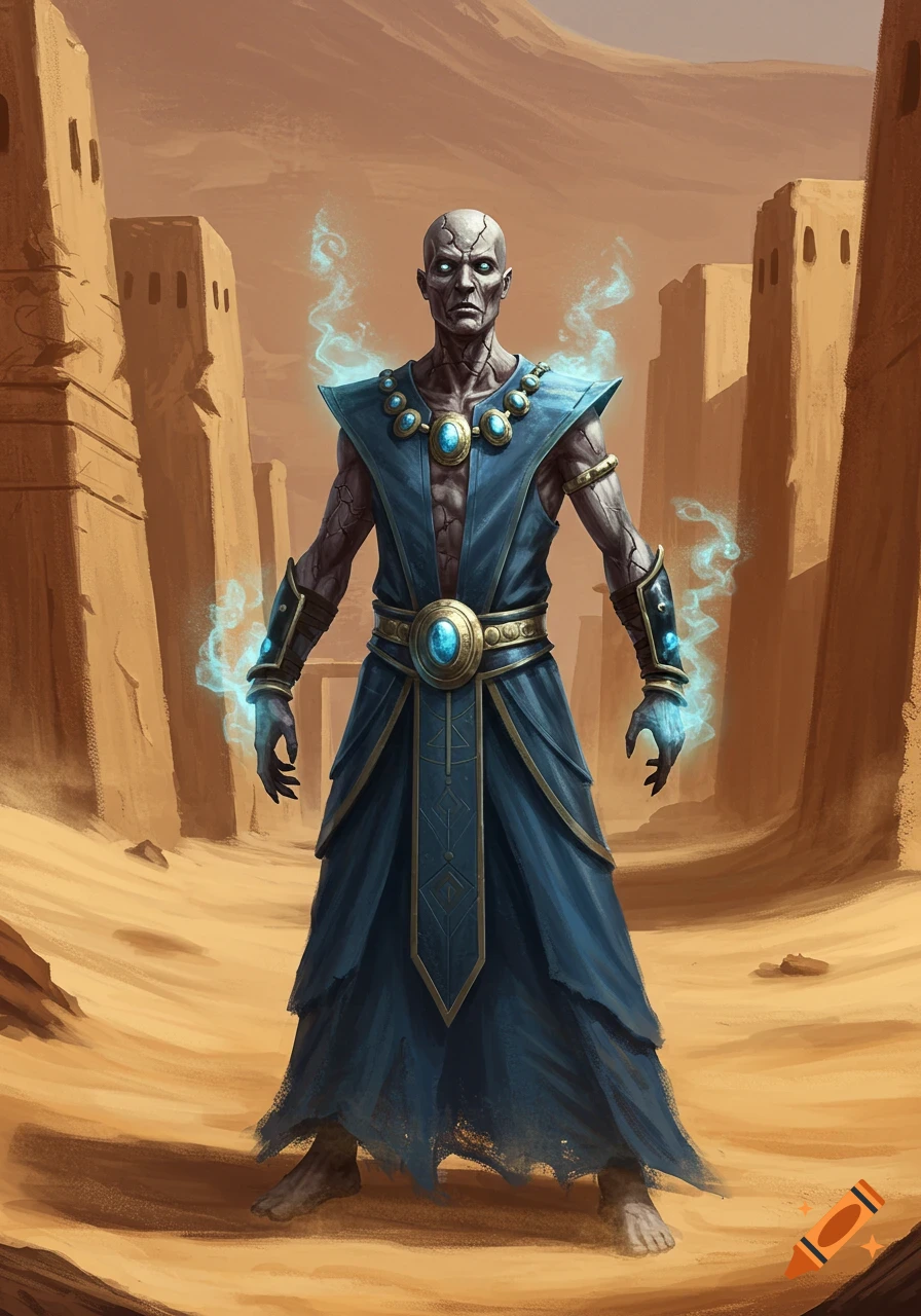 A bald, corrupted man with grey cracking skin and glowing blue energy, wearing a dark blue robe, stands in a desert city.