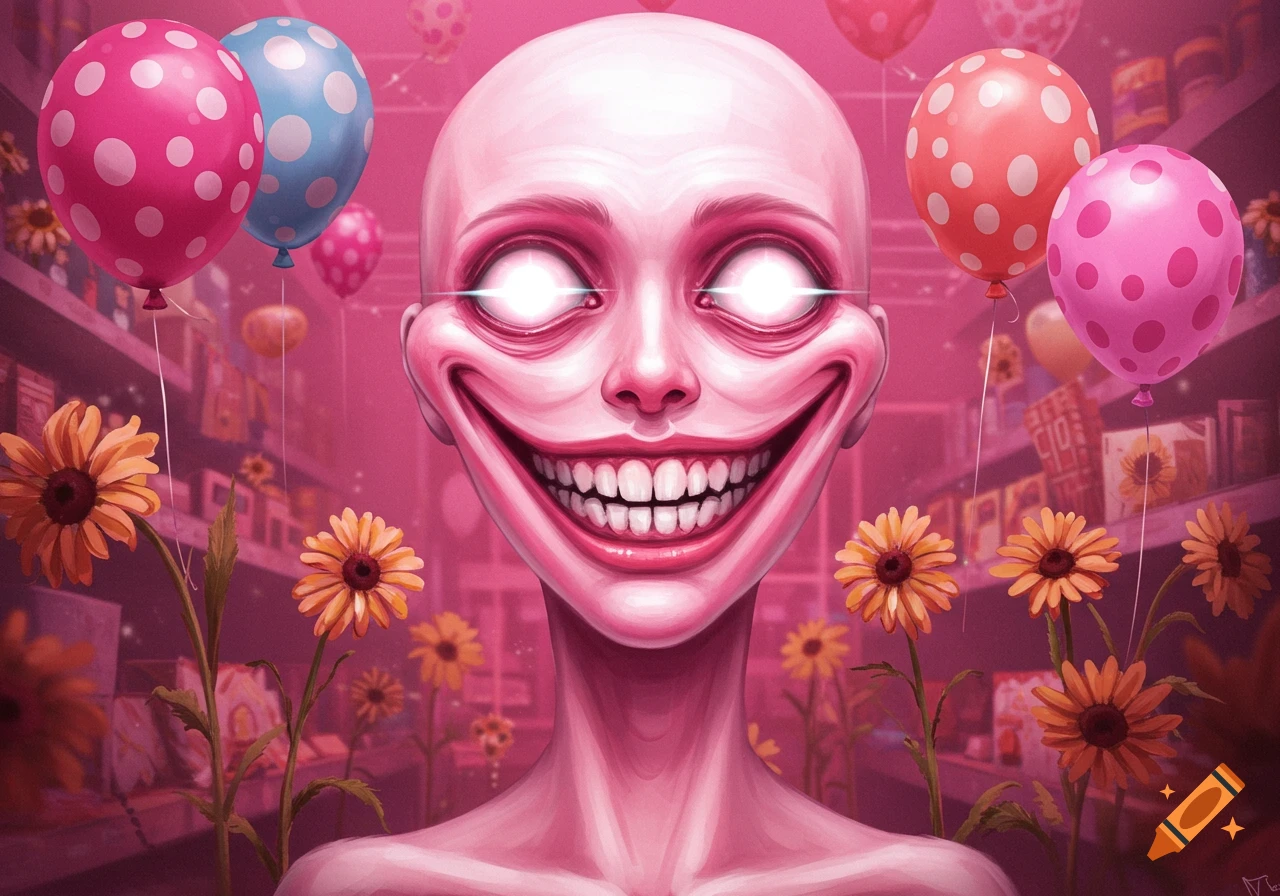 A creepy, bald, pink humanoid with glowing white eyes and a wide, toothy smile stands in a pink supermarket aisle with balloons and sunflowers.