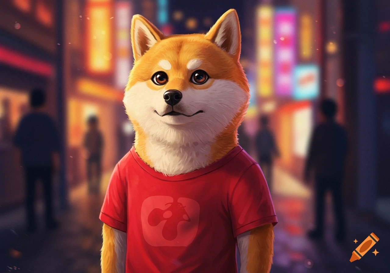 An anthropomorphic Shiba Inu dog wearing a red t-shirt stands on a blurry, neon-lit city street at night, digital art.