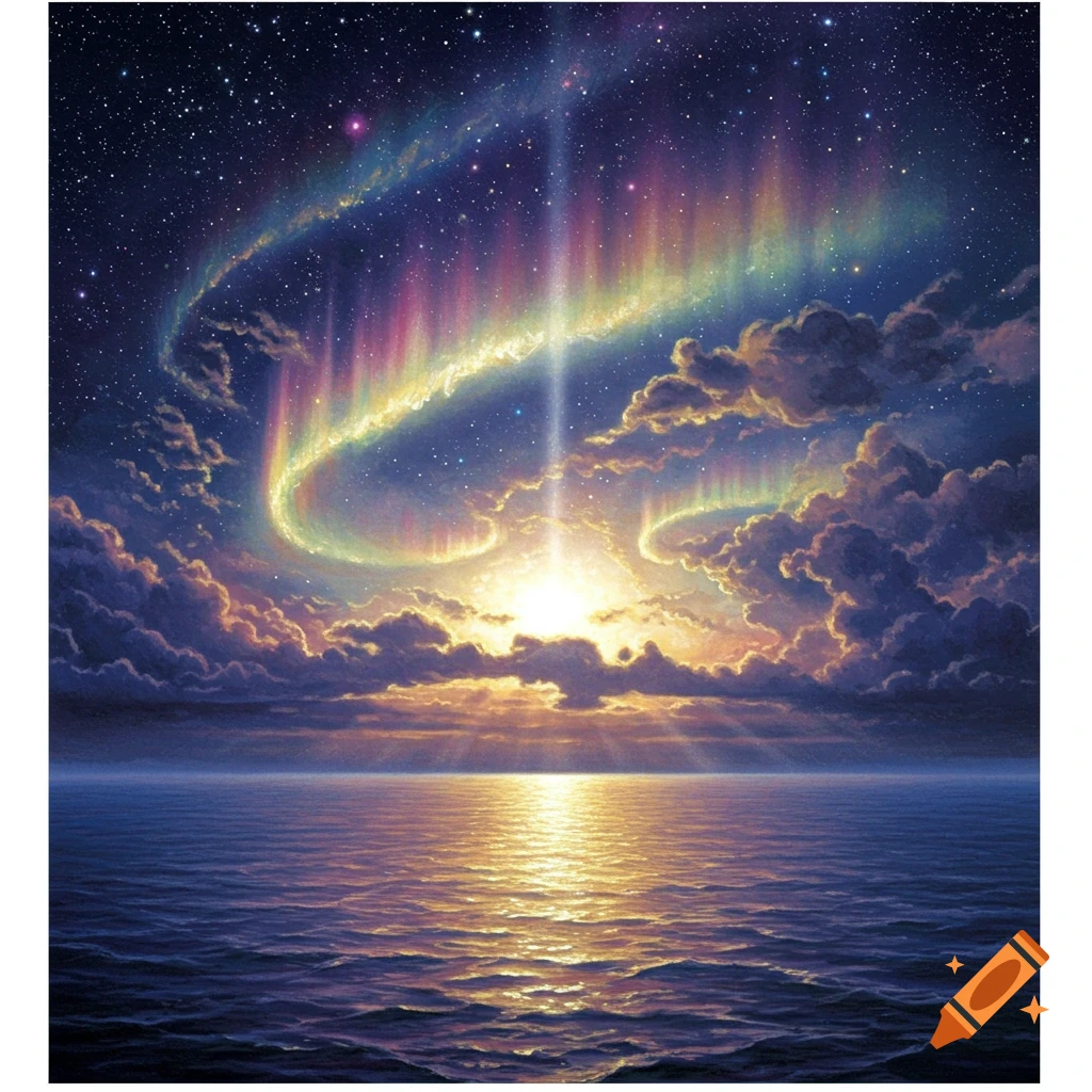 Vibrant illustration of a sunrise over the ocean with a colorful aurora-like light display in the starry sky.