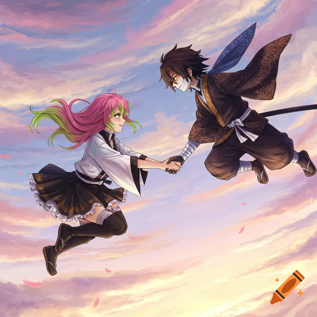 Anime characters Mitsuri and Obanai float in a pink and blue sky, holding hands amidst falling petals, in a vibrant anime art style.