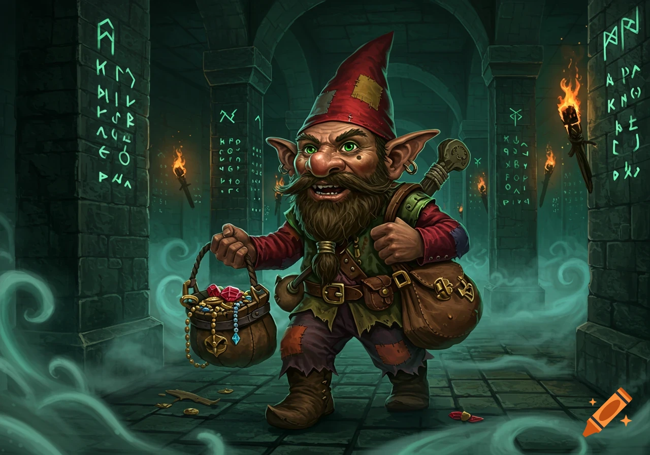 A mischievous gnome with a beard and red hat, carrying a basket of jewels, in a dark dungeon with glowing runes on pillars.