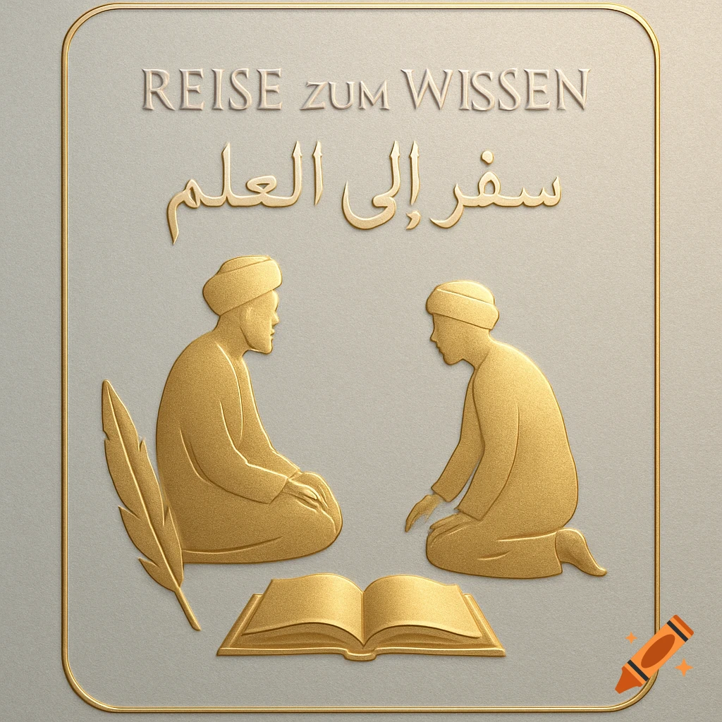 Embossed gold illustration of a teacher and student with an open book and quill, with text 'REISE ZUM WISSEN' and 'سفر إلى العلم'.
